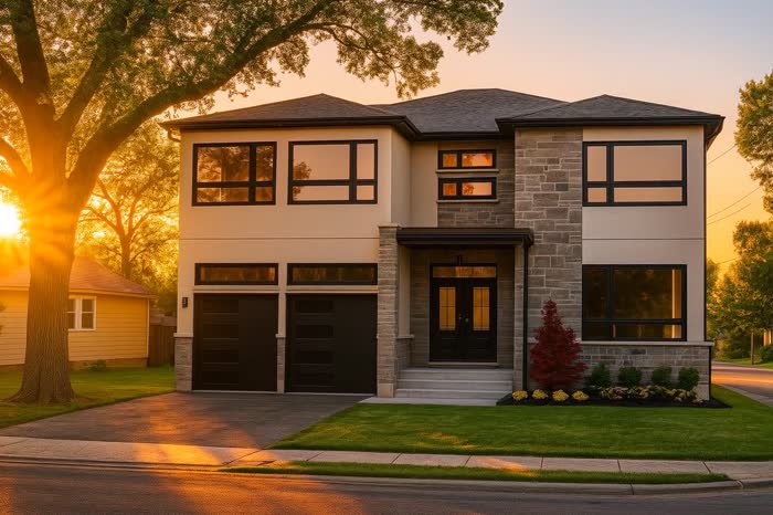 Contemporary two-storey urban residence with stone and stucco facade at sunset